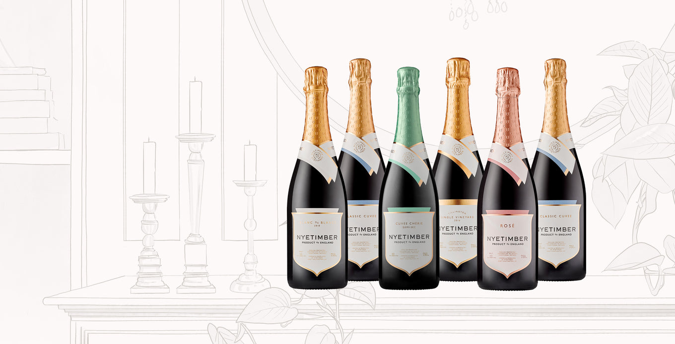 Nyetimber case containing six sparkling wines, including Classic Cuvée, Rosé, Cuvée Chérie, Blanc de Blancs 2018 and Tillington 2016.