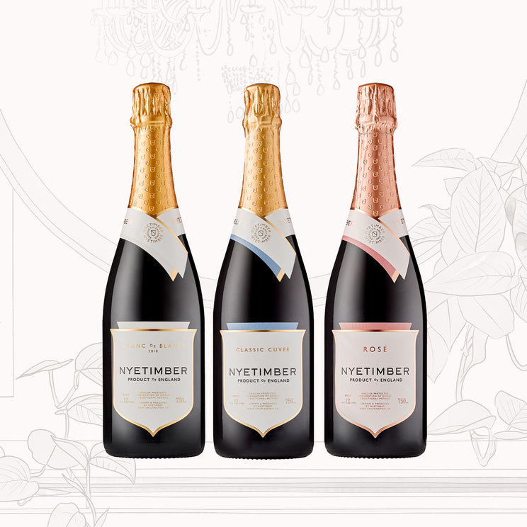 Nyetimber trio icons case including Classic Cuvee Multi-Vintage, Blanc de Blancs 2018 and Rosé Multi-Vintage bottles