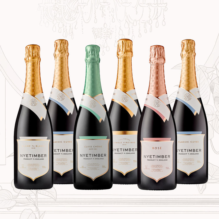 Nyetimber case containing six sparkling wines, including Classic Cuvée, Rosé, Cuvée Chérie, Blanc de Blancs 2018 and Tillington 2016.