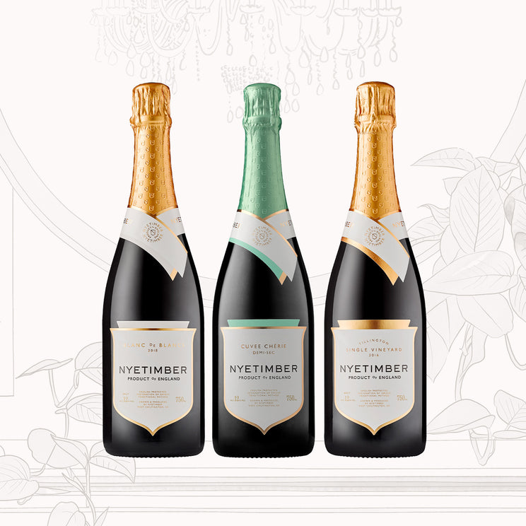 Nyetimber connoisseur trio case including Tillington Single Vineyard 2016, Blanc de Blancs 2018 and Cuvee Chérie Multi-Vintage
